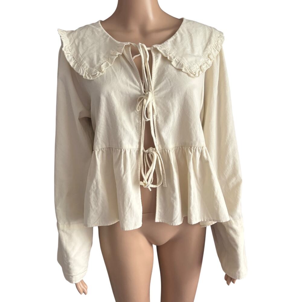 American Eagle Peter Pan Collar Tie Peplum Top Prairie Corduroy Cottagecore L